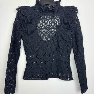 H&M Black Crochet Ruffle Long Sleeve Top with Open Back Size Small NWT